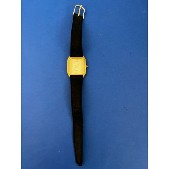 Vintage Jean Clouet Quartz Tank Watch Gold tone w black leather band